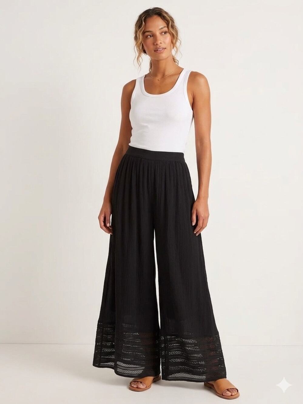 Boho Black Wide Leg Palazzo Pants Geometric Lace Hem Inset Size s/m